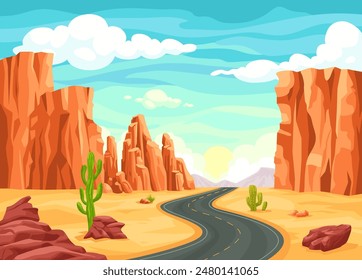 Cartoon desert road. Arizona driveway wild west scenery, nevada hot land asphalt travel trip texas or mexico highway route landscape, game background ingenious vector illustration