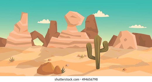 Cartoon desert with rocks and cactus