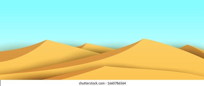 Cartoon desert sand dunes. Bright nature landscape. Minimalistic vector composition. Panoramic background illustration.