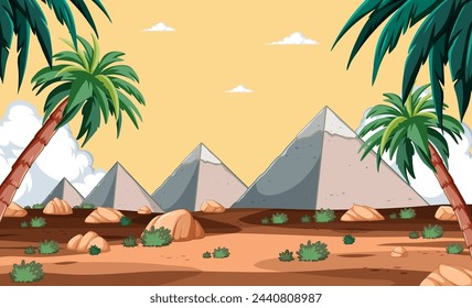 Cartoon desert scene with palm trees and mountains