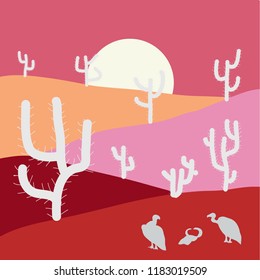 Cartoon Desert with Silhouettes Cactus and Mountain Travel Africa Landscape Flat Style Design on pink, red and beige colors. Vector illustration.