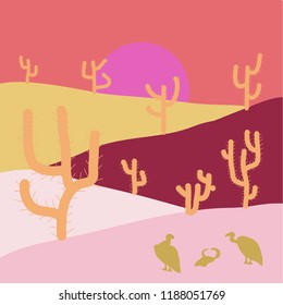 Cartoon Desert with Silhouettes Cactus and Mountain Travel Africa Landscape Flat Style Design on pink, neutral and red colors. Vector illustration.