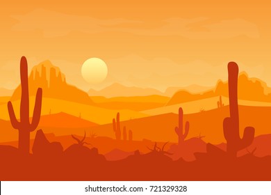 Cartoon Desert with Silhouettes Cactus and Mountain Travel Africa Landscape Flat Style Design. Vector illustration