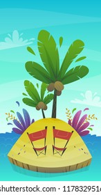 cartoon desert tropic island with coconut palm tree and exotic funny plants . summer travel tourism holiday vector illustration , uninhabited island at sea ocean