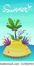 cartoon desert tropic island with coconut palm tree and exotic funny plants . summer travel tourism holiday vector illustration , uninhabited island at sea ocean