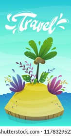 cartoon desert tropic island with coconut palm tree and exotic funny plants . summer travel tourism holiday vector illustration , uninhabited island at sea ocean