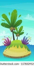 cartoon desert tropic island with coconut palm tree and exotic funny plants . summer travel tourism holiday vector illustration , uninhabited island at sea ocean