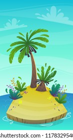 cartoon desert tropic island with coconut palm tree and exotic funny plants . summer travel tourism holiday vector illustration , uninhabited island at sea ocean