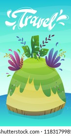 cartoon desert tropic island with coconut palm tree and exotic funny plants . summer travel tourism holiday vector illustration , uninhabited island at sea ocean