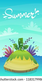 cartoon desert tropic island with coconut palm tree and exotic funny plants . summer travel tourism holiday vector illustration , uninhabited island at sea ocean