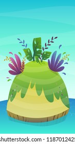 cartoon desert tropic island with coconut palm tree and exotic funny plants . summer travel tourism holiday vector illustration , uninhabited island at sea ocean
