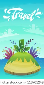 cartoon desert tropic island with coconut palm tree and exotic funny plants . summer travel tourism holiday vector illustration , uninhabited island at sea ocean