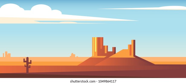 Cartoon desert wide landscape with cactus, hills and clouds flat vector illustration. Two rocks in the middle of the desert and a blue sky with clouds