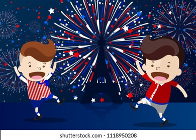 Cartoon Design for '14 Juillet' French Bastille Day or 'La fête Nationale Français' - 2 Boys dance in front of the Eiffel Tower, the symbolic of France with the beautiful fireworks behind