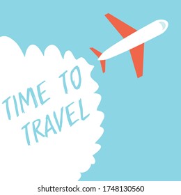 Cartoon design of the Airplane flying on blue background with cloud and Write the message time to travel. Vector concept.