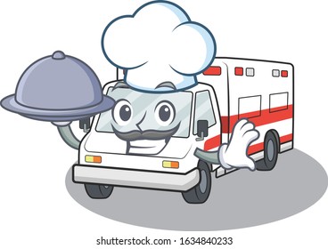 cartoon design of ambulance as a Chef having food on tray