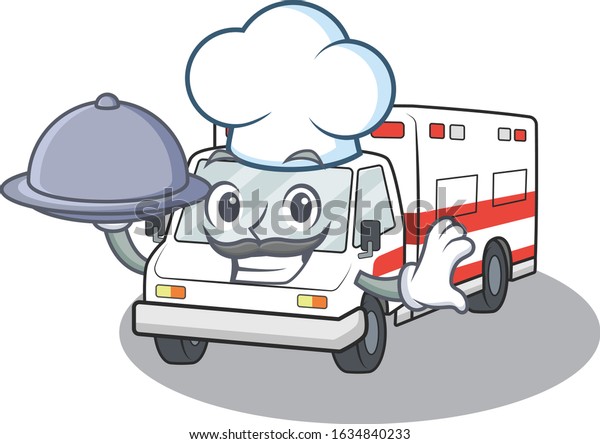 cartoon\
design of ambulance as a Chef having food on\
tray