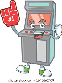 A cartoon design of arcade game machine holding a Foam finger