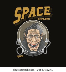 A cartoon design of astronaut helmet having a crazy face,illustration crazy scientist