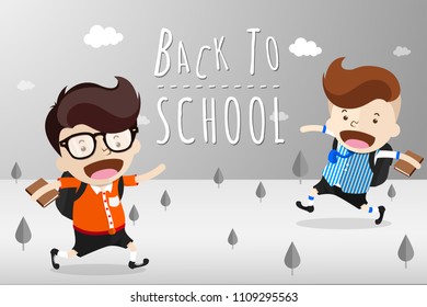 Cartoon Design for "Back to School" event, with two cute characters of boy in difference costume with backpack and keep the book in hand