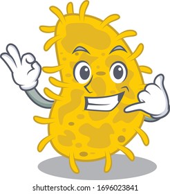 Cartoon design of bacteria spirilla with call me funny gesture