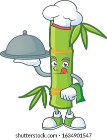 cartoon design of bamboo stick as a Chef having food on tray