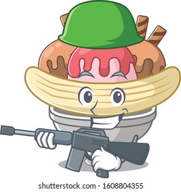 A cartoon design of banana split Army with machine gun