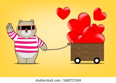Cartoon design with bear and big heart on yellow background