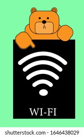 Cartoon design with bear and wi-fi logo on green background