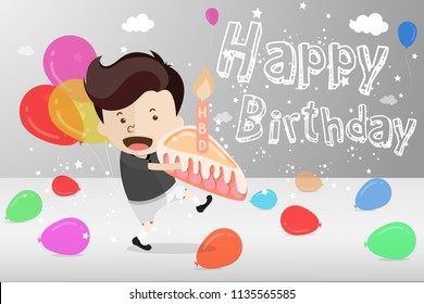 Cartoon Design for "Birthday Card" - A young cute boy keeps a piece of cake with candle in hands for give someone he love and he has so many colourful balloons surrounded