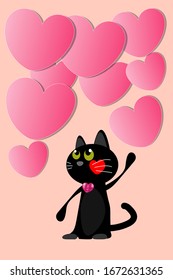 Cartoon design with black cat and big heart on pink background