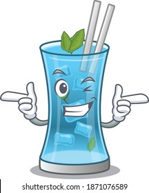 Cartoon design of blue hawai cocktail showing funny face with wink eye