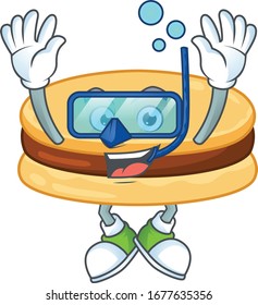 A cartoon design of brown alfajor trying Diving glasses