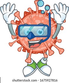 A cartoon design of bulbul coronavirus trying Diving glasses