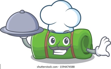 cartoon design camping mat Scroll as a Chef with food on tray