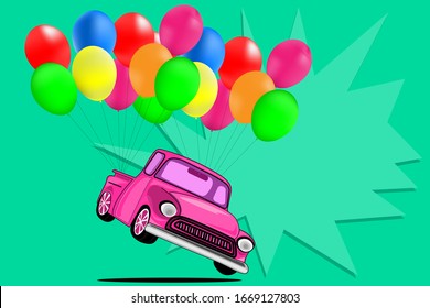 Cartoon design with car and balloon on green background