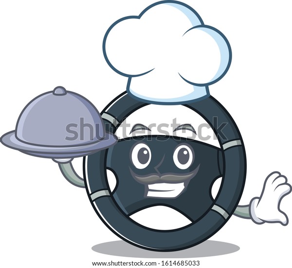 cartoon design of car steering as a Chef having food\
on tray