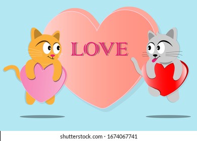 Cartoon design with cat and big heart on blue background