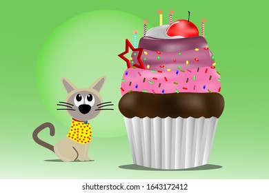Cartoon design with cat and cake on green background