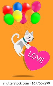 Cartoon design with cat and colorful balloon on yellow background