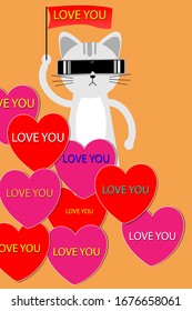 Cartoon design with cat and colorful heart 