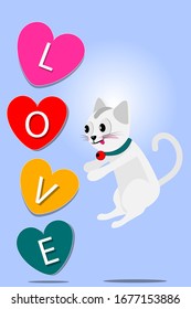 Cartoon design with cat and colorful heart on blue background