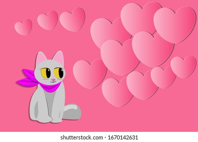 Cartoon design with cat and heart on pink background 