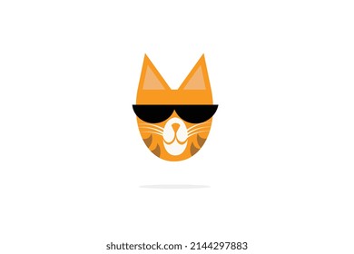 Cartoon design of a cat's head with sunglasses on a white background with a shadow below, vector for commercial use.