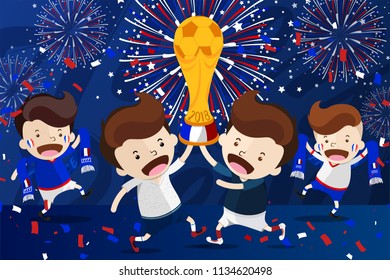 Cartoon Design for Champion of Football World Cup Tournament 2018 - French footballer keeps a trophy in hands with the supporters to cheer up and celebrate by fireworks in tricolour of France