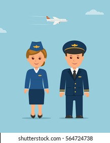 Cartoon design characters stewardess and pilot. Vertical flat illustration pilot and stewardess in uniform on background of a flying airplane