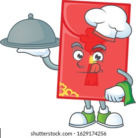 cartoon design of chinese envelope as a Chef having food on tray