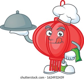 cartoon design of chinese lampion as a Chef having food on tray