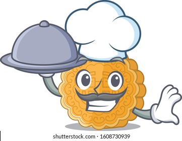 cartoon design of chinese mooncake as a Chef having food on tray