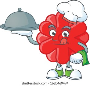 cartoon design of chinese red flower as a Chef having food on tray